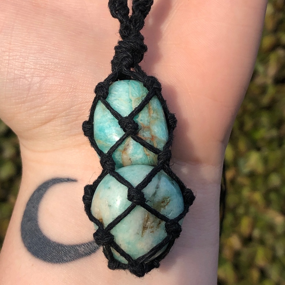 Amazonite Double Stone Macrame Necklace - Picture 2 of 6